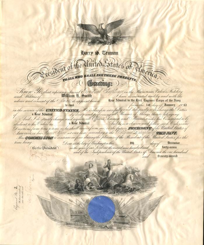 Registered No.2 Harry S. Truman Rear Admiral Commission